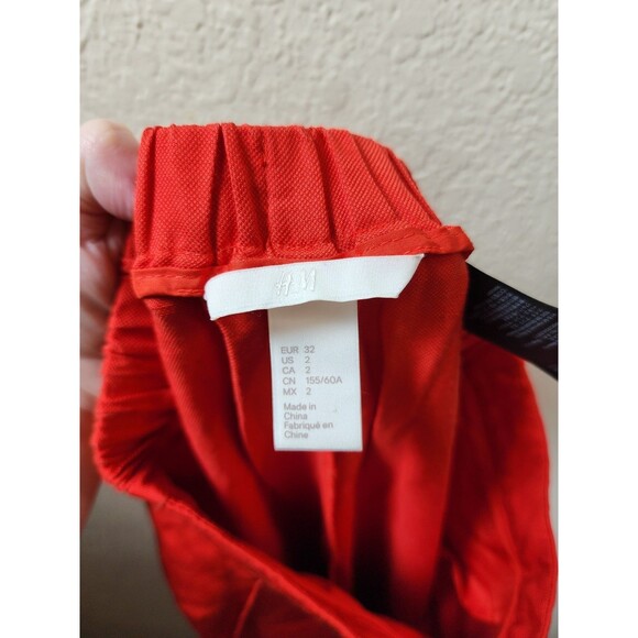 H&M Womens Size 2 Red Linen Blend Trousers Straight Leg Elastic Waist Pockets - Picture 6 of 7